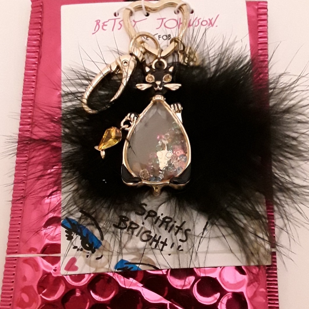 Betsey Johnson Black Feathery Cat Key/Purse Fob
